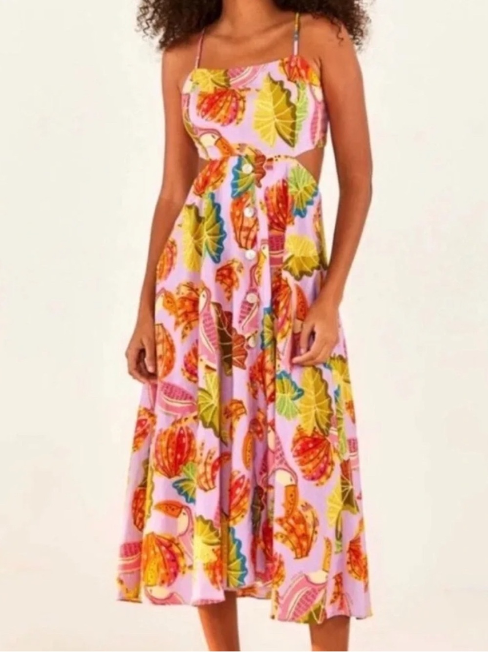 FARM Rio Pink Tropical Midi Dress with Yellow & Green Leaf Print